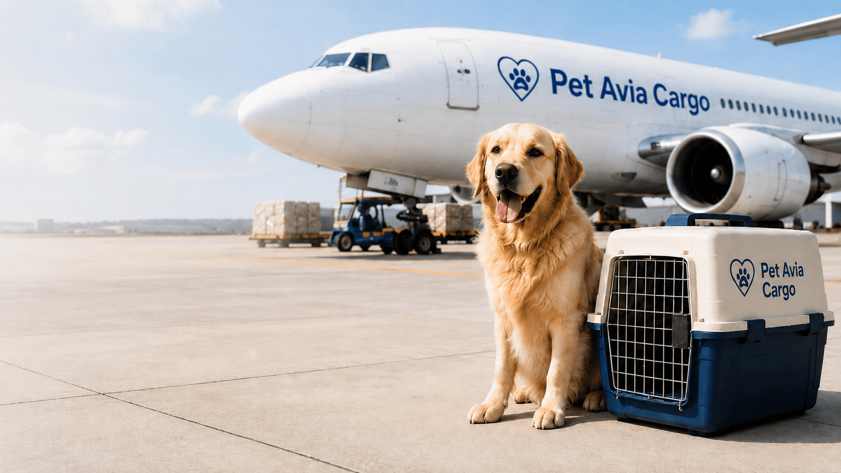 Собака рядом с переноской Pet Avia Cargo на фоне самолёта