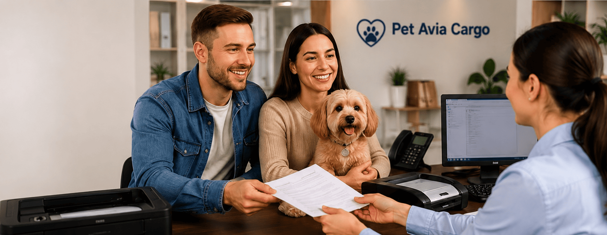 Семья с собакой оформляет заявку в офисе Pet Avia Cargo